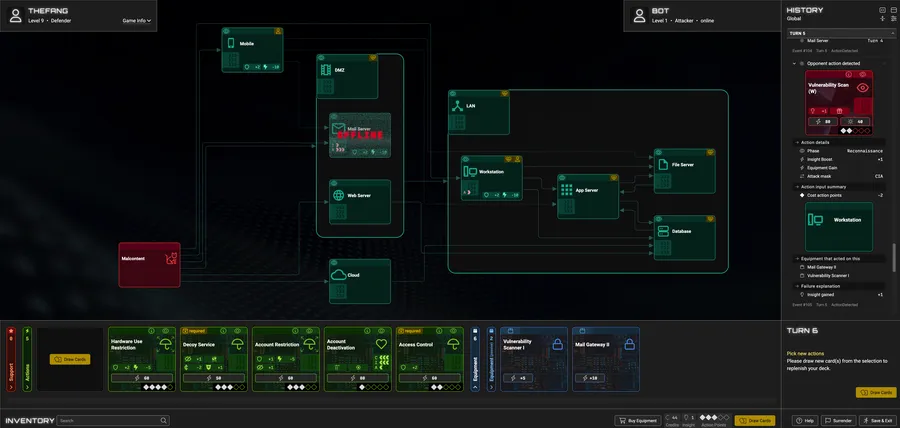 PenQuest game board: a defender's network with DMZ, LAN, servers and a workstation, an attacker node on the left, the history log on the right and a hand of defense cards at the bottom.